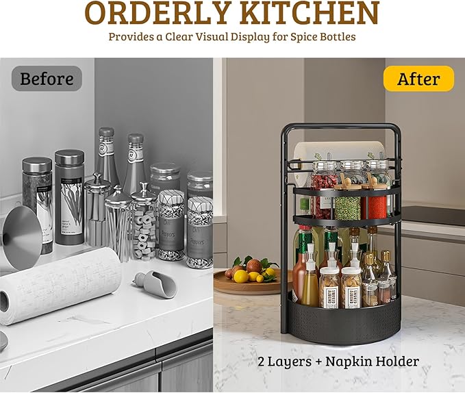 Rotating Spice Rack with Paper Towel Holder, 2 Tier Turntable Lazy Susan, Seasoning Organizer for Kitchen Countertop Cabinet, Black - Image 6