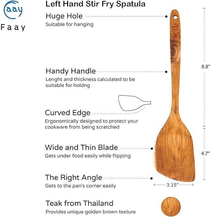 FAAY 13.5” Left-Hand Stir Fry Spatula – True Left-Hand Angled Teak Wooden Turner for Wok & Nonstick Pans, Natural Coconut Oil Finish, Handcrafted Wood Tool for Stirring & Flipping - Image 2