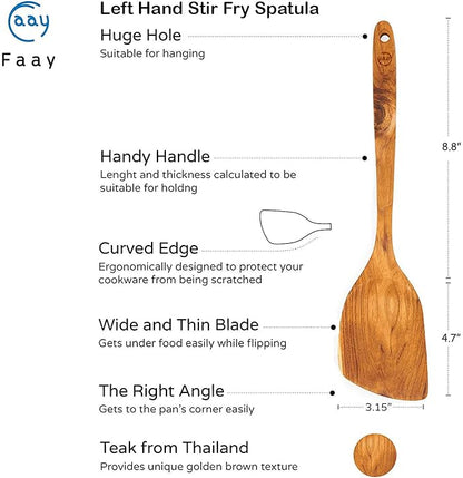 FAAY 13.5” Left-Hand Stir Fry Spatula – True Left-Hand Angled Teak Wooden Turner for Wok & Nonstick Pans, Natural Coconut Oil Finish, Handcrafted Wood Tool for Stirring & Flipping - Image 2