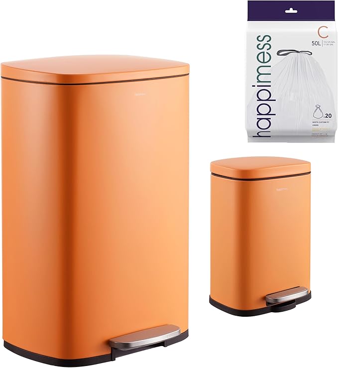 happimess HPM1006K Connor Rectangular 13-Gallon Trash Can with Soft-Close Lid and Free Mini Trash Can, Fingerprint Resistant, Modern, Minimalistic for Home, Kitchen, Office, Bathroom, Carrot Cake by Happimess