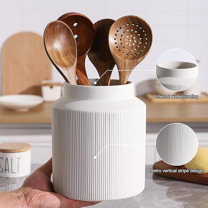 Farmhouse Ceramic Farmhouse Kitchen Utensil Holder for Countertop, Rustic Cooking Utensil Holder Crock Fit for Kitchen Counter. White 6.1 x 6.1 x 7 IN - Image 4