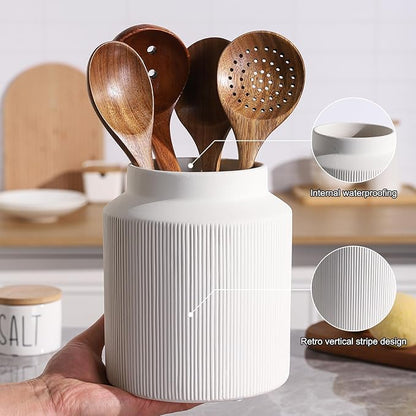 Farmhouse Ceramic Farmhouse Kitchen Utensil Holder for Countertop, Rustic Cooking Utensil Holder Crock Fit for Kitchen Counter. White 6.1 x 6.1 x 7 IN - Image 4