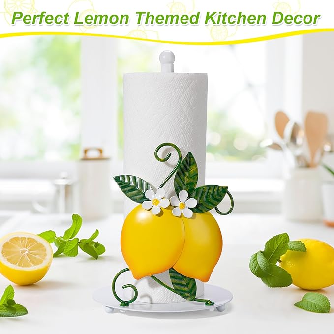 Lemon Paper Towel Roll Holder Countertop - Lemon Housewarming Gifts for Women, Farmhouse Kitchen Decor and Accessories, Vintage Home Yellow Kitchen Counter Decor, 3D Handmade Pattern, Weighted Base - Image 3