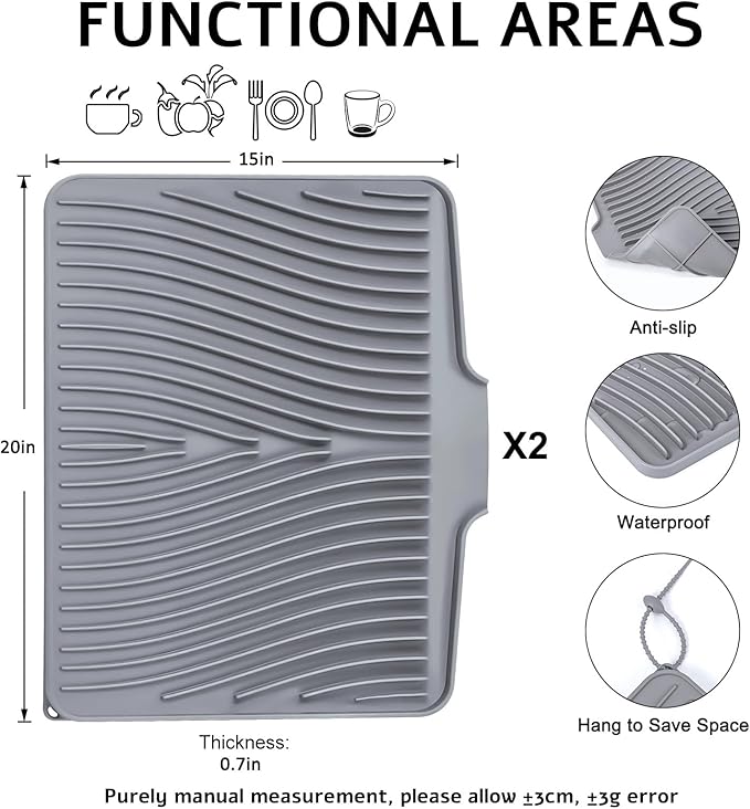 TIKNIK Silicone Dish Drying Mat, Stone Drying Mat for Kitchen Counter with Built-In Drain, Non-Slip Drain Pad with Built-in Drain, Heat Resistant Stone Drying Mat, Hangable, Grey-2pcs, 20" x 15" - Image 2