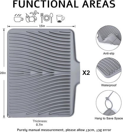 TIKNIK Silicone Dish Drying Mat, Stone Drying Mat for Kitchen Counter with Built-In Drain, Non-Slip Drain Pad with Built-in Drain, Heat Resistant Stone Drying Mat, Hangable, Grey-2pcs, 20" x 15" - Image 2