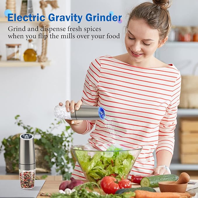 Gravity Electric Salt and Pepper Grinder Set, Battery Powered LED Light One Hand Automatic Operation, Adjustable Coarseness Mill Grinders Shakers Black (B.Silver 2p)