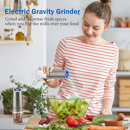 Gravity Electric Salt and Pepper Grinder Set, Battery Powered LED Light One Hand Automatic Operation, Adjustable Coarseness Mill Grinders Shakers Black (B.Silver 2p)