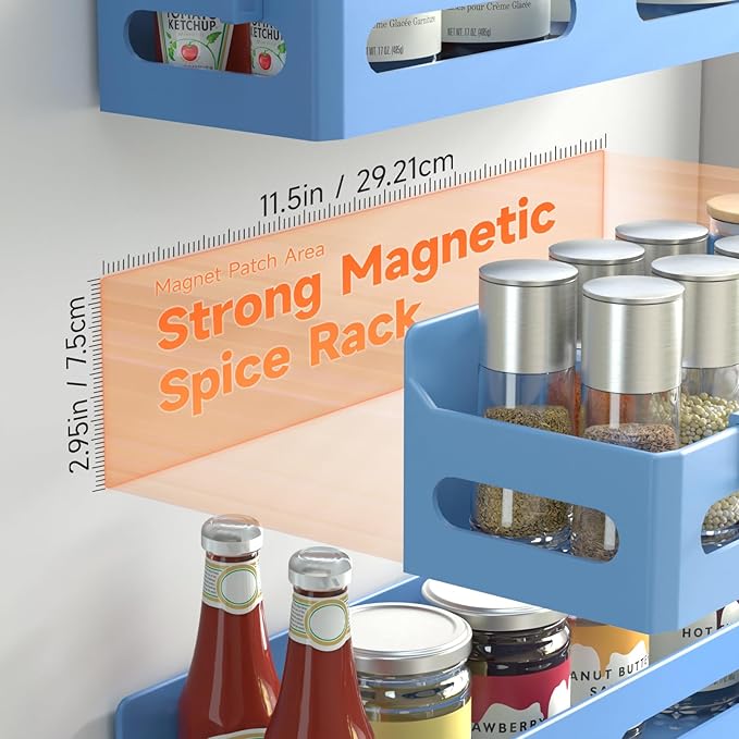 Sevenblue 4 Pack Strong Magnetic Spice Rack for Refrigerator, Multipurpose Magnetic Shelf for Fridge with 4 Hooks for kitchen and Bathroom Organization, Blue - Image 2