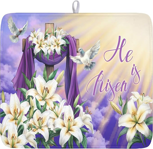 Easter Dish Drying Mat for Kitchen Counter He is Risen Cross Floral Purple Pattern Microfiber Dish Drainer Mat Rustic Absorbent Washable Drying Pad 16"x18"