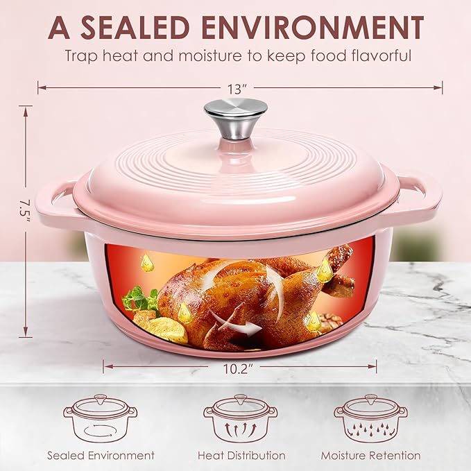 Cast Iron Dutch Oven Pot With Lid - AIVIKI 5QT Enameled Dutch Oven for Bread Baking With Cotton Potholders - Heavy- Duty Cookware Across All Cooktops, Wedding Registry Ideas & Gifts, Pink - Image 2