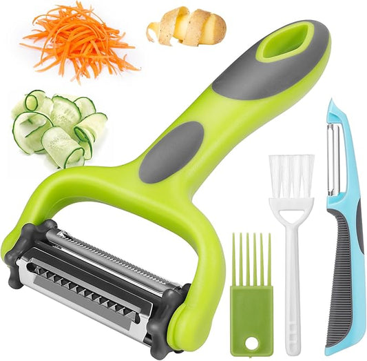 Senbowe Julienne Peeler, Potato Vegetable Peeler for Kitchen, I and Y Potato Peelers for Apple Fruit Carrot Zucchini Cucumber Veggie, 3 in 1 Blade Spin Design, Anti-Slip Handle