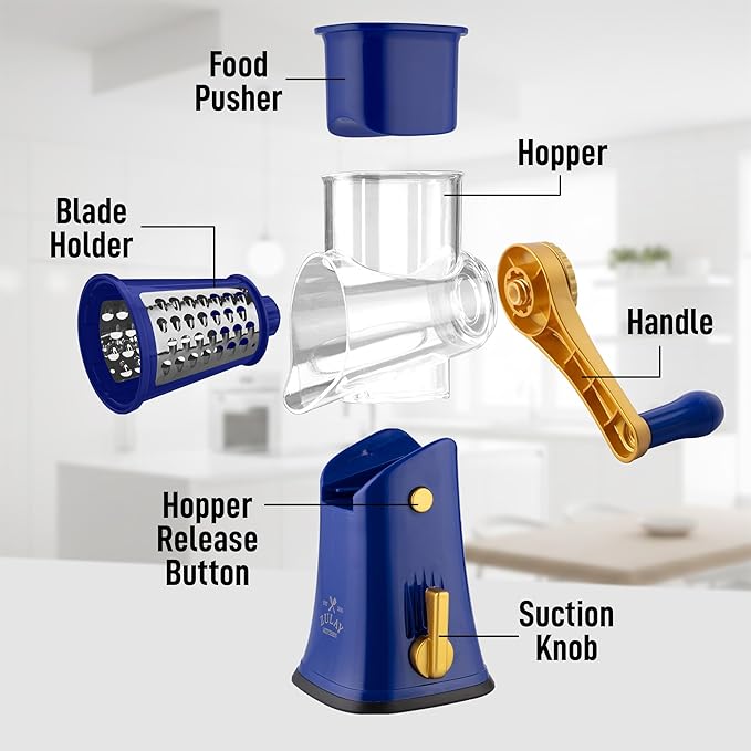 Zulay Kitchen Rotary Cheese Grater 5 Blade Cheese Shredder - Manual Hand Crank Cheese Grater With Reinforced Suction & 5 Interchangeable Drums - Easy to Use, Vegetable Chopper Round Mandoline Slicer - Image 8
