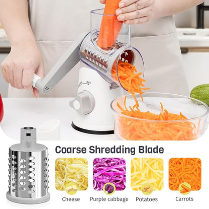 Rotary Cheese Grater Hand Crank, 3 Blades Slicer Shredder, Cheese Grater for Kitchen, Multi-Functional Kitchen Tool for Vegetables, Nuts, Chocolate, with Strong Suction Base, White - Image 4