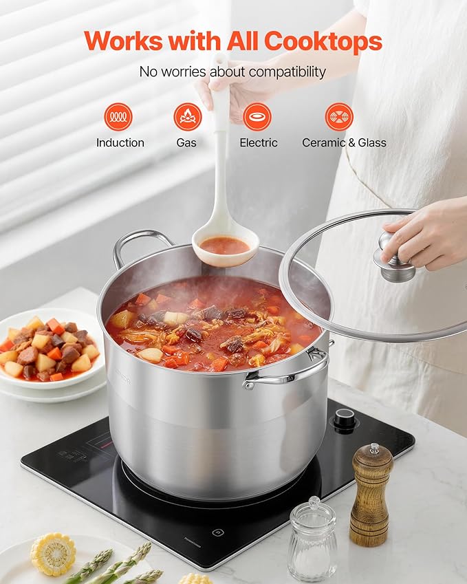 VEVOR Stainless Steel Stock Pot, 16QT Stainless Steel Stockpot with Glass Lid, PFOA-Free, PFAS-Free, Compatible with Gas Stoves, Induction Cooktops, Electric Stoves, for Soups, Stews, and Pasta - Image 4