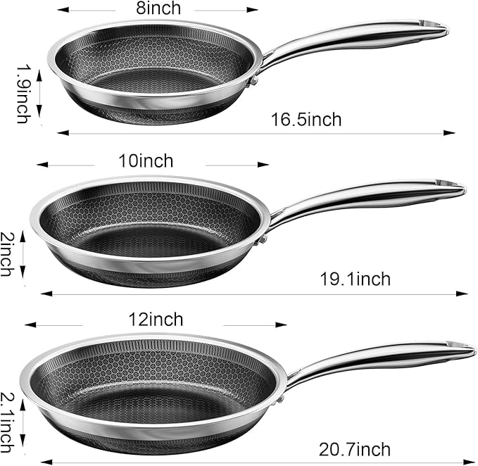 FogDream 8, 10, 12" Stainless Steel Frying Pan, Honeycomb Hybrid Nonstick Skillet for Induction & All Cooktops, PFAS/PFOA/PTFE Free, Oven Safe to 500°F, Stay-Cool Handle, Dishwasher Safe, Silver - Image 2