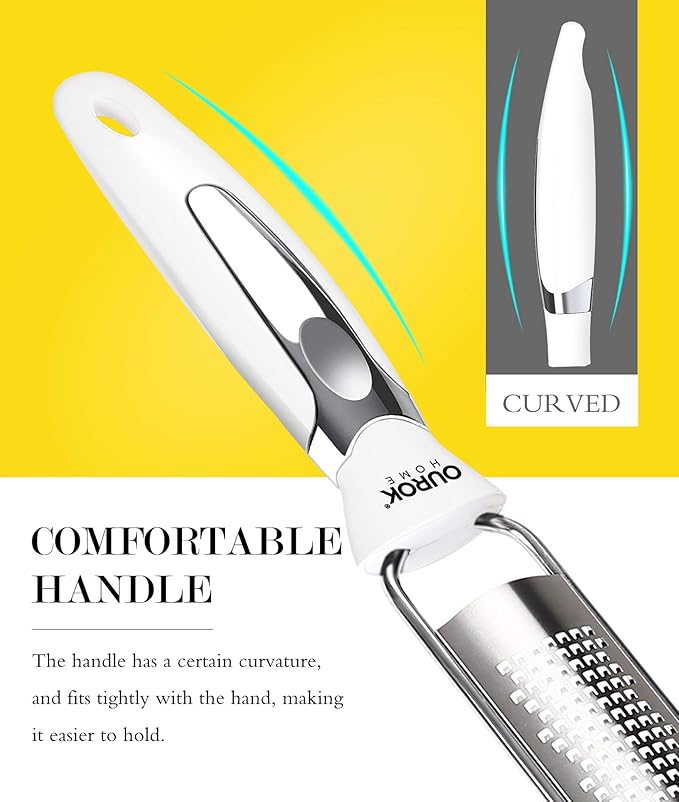 Ourokhome Kitchen Lemon Zester, Stainless Steel Hand Held Parmesan Cheese Grater for Ginger, Chocolate, Coconut, Lime, Nutmeg, Citrus, Fruit, Vegetable with Cleaning Brush, Dishwasher safe, White - Image 2