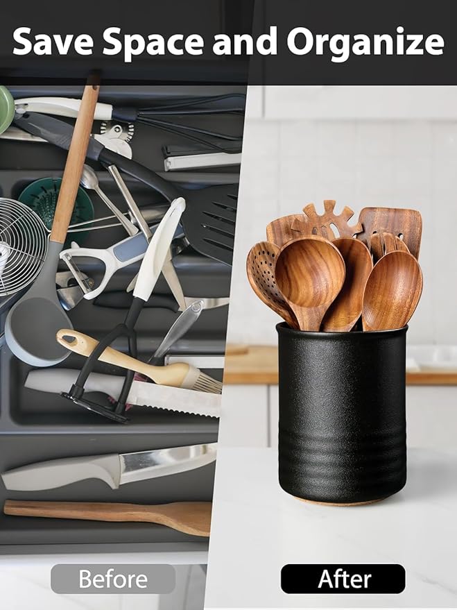 ABRUTY Utensil Holder, 6.7" Ceramic Kitchen Utensil Crock for Countertop Cooking, Modern Utensil Caddy Jar Organizer for Farmhouse Kitchen Counter Décor, Textured Black - Image 4