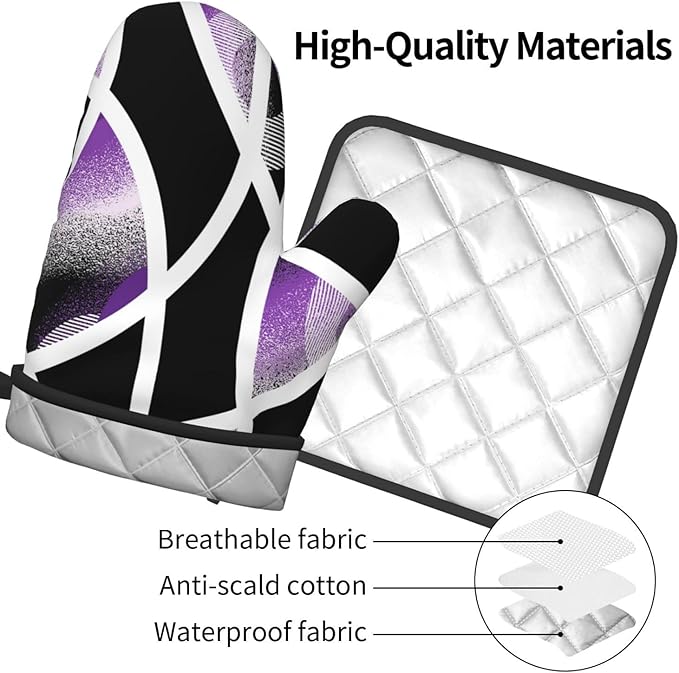 3-Piece Purple Black Abstract Geometric Oven Mitts and Pot Holders Set, Heat Resistant Modern Art Kitchen Gloves Hot Pads for Baking Cooking Grilling, Chef Gifts for Cooking Lovers, Home Decor, Purple - Image 9