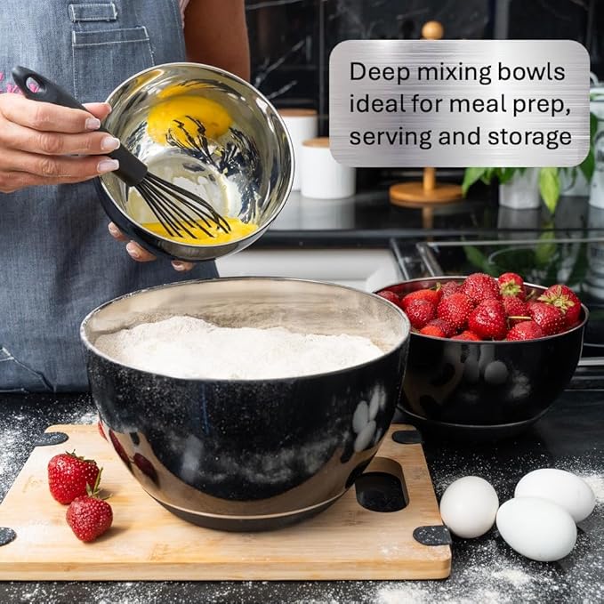 WHYSKO Stainless Steel Mixing Bowls Set of 3 with Non-Slip Silicone Base, Nesting Metal Bowls for Meal Prep, Baking, Cooking & Food Storage, Dishwasher Safe Kitchen Mixing Bowls, Black - Image 3