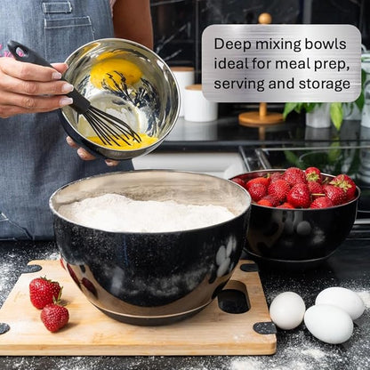 WHYSKO Stainless Steel Mixing Bowls Set of 3 with Non-Slip Silicone Base, Nesting Metal Bowls for Meal Prep, Baking, Cooking & Food Storage, Dishwasher Safe Kitchen Mixing Bowls, Black - Image 3