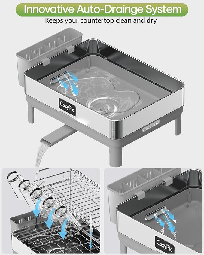 2 Tier Dish Drying Rack, Thicker Premium 304 Stainless Steel Dish Racks for Kitchen Counter, Automatic Drainage Spout, Dish Drainer & Drainboard Set with Utensil Holder and Cup Holder, Grey - Image 5