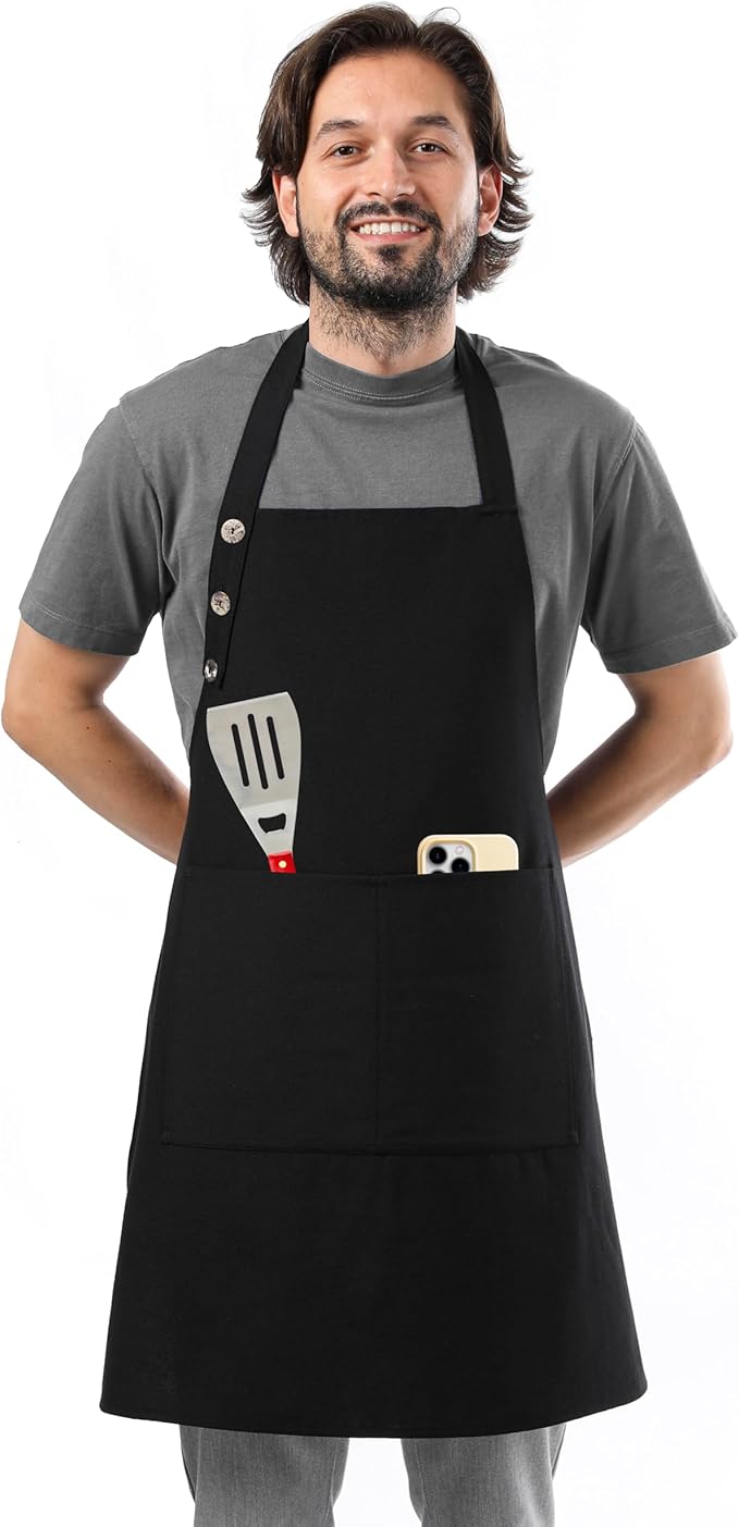 TOSHE Kitchen Apron Waterdrop Resistant Cotton Apron with adjustable Aprons for Women with Pockets 10 Color option Cooking Black Apron (Black) by TOSHE