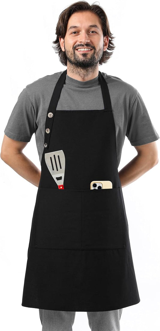 TOSHE Kitchen Apron Waterdrop Resistant Cotton Apron with adjustable Aprons for Women with Pockets 10 Color option Cooking Black Apron (Black) by TOSHE