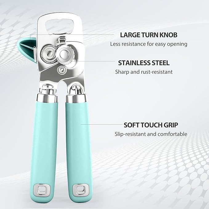Safring Can Opener Manual, Heavy Duty Stainless Steel Smooth Edge Can Openers With Soft Touch Handle, Oversized Handheld Easy Turn Knob, Multi-Function Bottle Opener, Aqua Sky