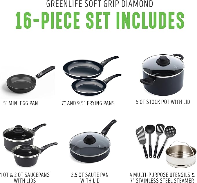 GreenLife 16 Piece Nonstick Cookware Set, Soft Grip Non-Toxic PFAS-Free Ceramic Pots & Pans, Dishwasher & Oven Safe, Frying, Sauce, Saute, Utensils, Glass Lids, Stay-Cool Handles, Wobble Free, Black - Image 3