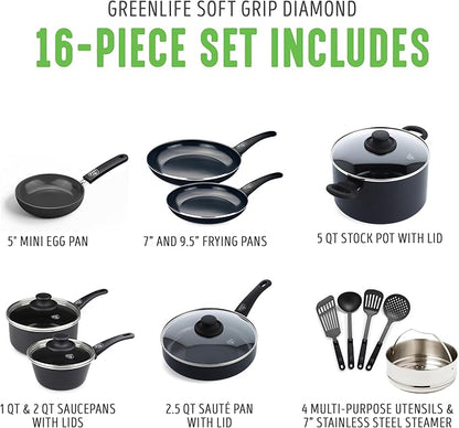 GreenLife 16 Piece Nonstick Cookware Set, Soft Grip Non-Toxic PFAS-Free Ceramic Pots & Pans, Dishwasher & Oven Safe, Frying, Sauce, Saute, Utensils, Glass Lids, Stay-Cool Handles, Wobble Free, Black - Image 3
