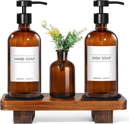 KASUNTING Amber Glass Soap Dispenser with Upgraded Flat Pump, Dish Soap Dispenser for Kitchen, Hand Soap Dispenser for Bathroom, Decorative Vase & Wood Riser Bathroom Decor(Amber02) by ALPIRIRAL