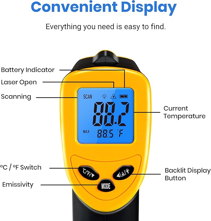 Etekcity Infrared Thermometer Laser Temperature Gun 1080, -58°F~ 1130°F for Meat Food Candy Pizza Oven, Heat Gun for Cooking, Kitchen, Fridge, Reptile, BBQ, HAVC, Adjustable Emissivity & Max Measure - Image 9