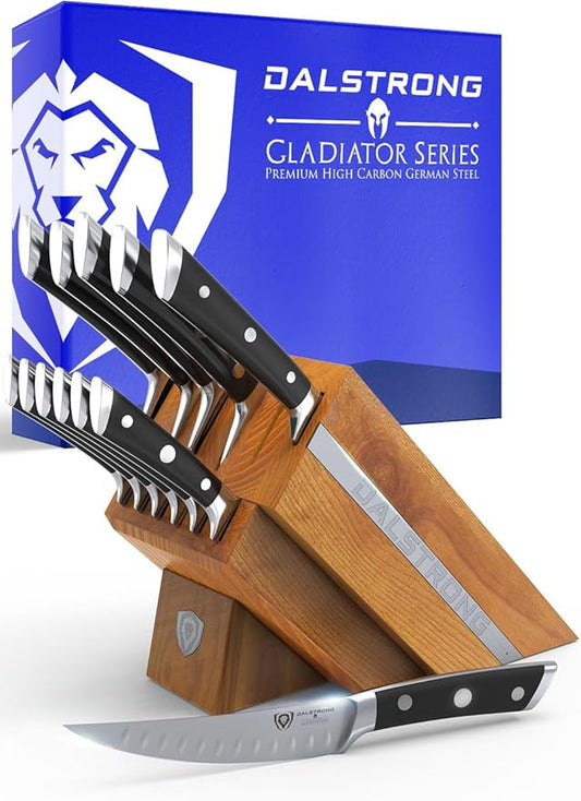 Dalstrong 12-Piece Elite Knife Block Set — German High-Carbon Steel, Full-Tang, Hand-Polished — Chef + Santoku + Nakiri + Boning + Fillet + 6 Steak — Gladiator Series Manchurian Ash Block, NSF by Dalstrong