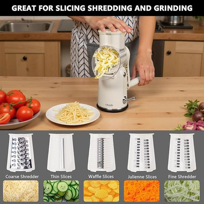 5-in-1 Rotary Cheese Grater Vegetable Slicer with Handle - Upgraded Hand Crank Cheese Grater with Handle and Strong Suction Base, Multi-Purpose Slicer with 5 Blades (White) - Image 6