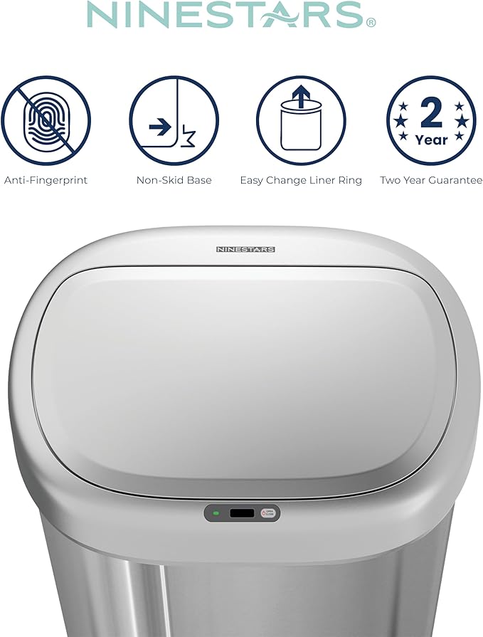 Ninestars DZT-80-24 Automatic Motion Sensor Trash Can with Adjustable Sensor Range, Stainless Steel Base, Silver Lid, 21 Gallon