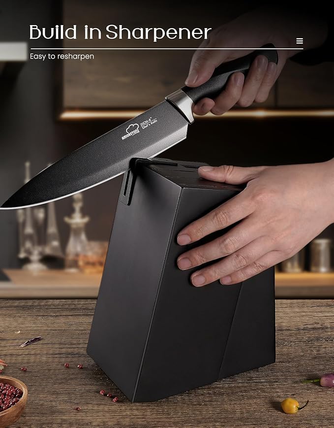 Amorston Knife Set, 15 Pieces Kitchen Knives Set with Block and Built in Sharpener, Dishwasher Safe Knife Block Set, German Stainless Steel Knife Block Set for Home Kitchen Mothers Day Gifts Black - Image 5