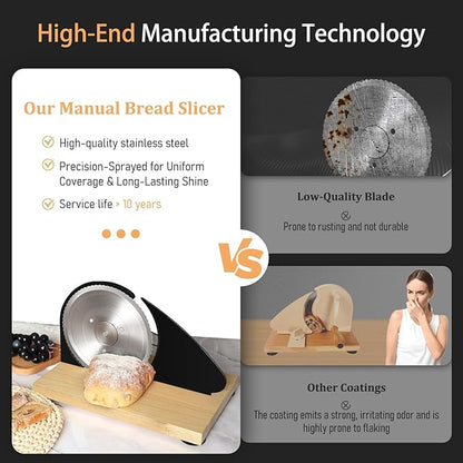 Brvclon Manual Bread Slicer Adjustable Thickness, Hand Crank Bread Slicer for Homemade Sourdough Bread with Scale Line & Suction Cup & Metal Guide,Quality Solid Wood Base & Gift-Level Packaging