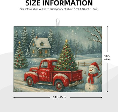 Christmas Red Truck Xmas Tree Snowman Dish Drying Mats for Kitchen Counter, Large 18"x24" Dish Mats for Drying Dishes, Microfiber Absorbent Dish Drying Pad Rack Mat Kitchen Decor Reusable Washable