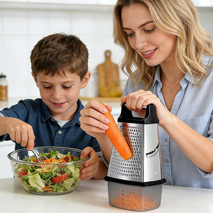 Ourokhome Cheese Grater with Handle, Stainless Steel Box Grater, 4 Side Kitchen Vegetable Shredder Slicer Zester with Container for Parmesan, Cabbage, Ginger, Lemon, Chocolate, Coconut (Black) - Image 2