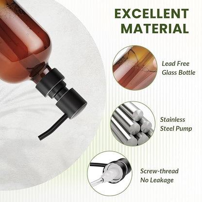 AmazerBath Amber Glass Soap Dispensers, 2 Glass Amber Pump Bottles, 17 Oz Dish Soap Dispenser, Kitchen Bathroom Hand Soap Dispensers for Hand Sanitiser, Shampoo, Lotion, Shower Gel Conditioner - Image 3