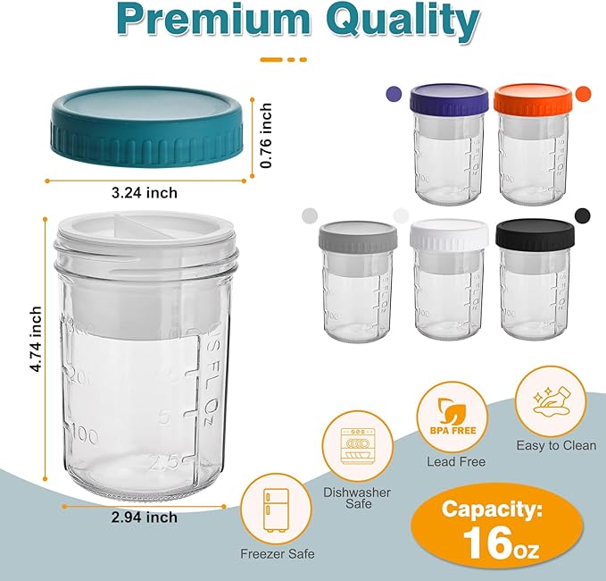 6 Pack Overnight Oats Containers with Lids and Spoons, 16 OZ Glass Mason Jars with Removable Separate Compartments, Airtight Leak Proof Oatmeal Container for Chia Pudding, Yogurt, Breakfast, Cereal - Image 2