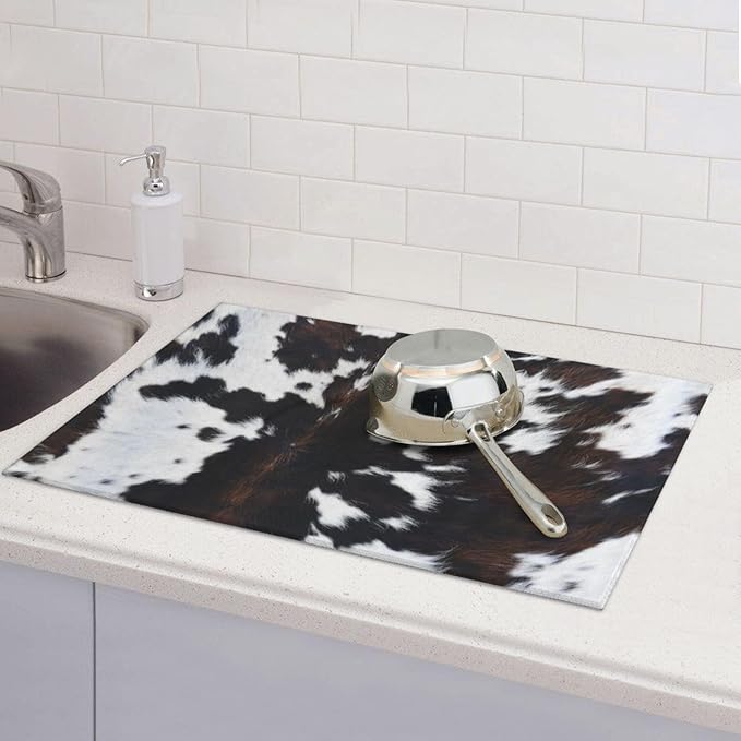 Cow Print Dish Drying Mat Animal fur Black Brown White Classic Drying Rack Pad Countertop Dishes Ultra Absorbent Microfiber Kitchen Counter Mat 18x24 Inch