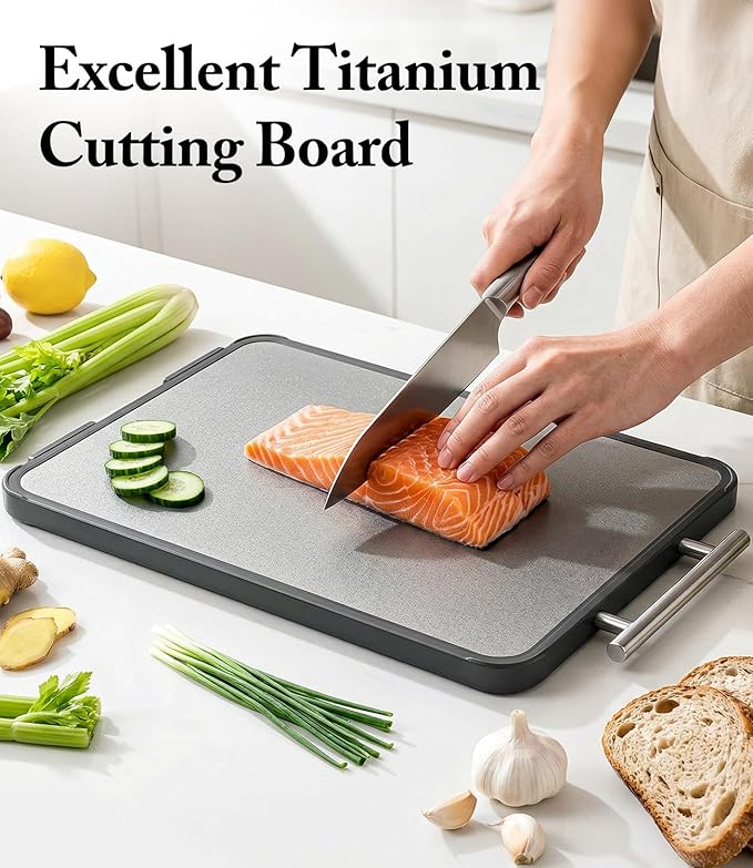 Titanium Cutting Board for Kitchen- Double Sided Chopping Board with Rotatable Feet, Textured Food-Grade Titanium Surface for Raw Meats & PP Surface for Produce – Easy to Clean (14.5" × 11", 1 Pack)