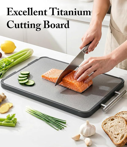 Titanium Cutting Board for Kitchen- Double Sided Chopping Board with Rotatable Feet, Textured Food-Grade Titanium Surface for Raw Meats & PP Surface for Produce – Easy to Clean (14.5" × 11", 1 Pack)