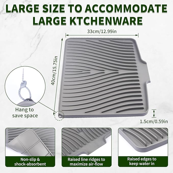Silicone Dish Drying Mat 16x13,Food-Grade Silicone,Easy Clean Pad for Countertop Protection,Heat Resistant,Easy Clean,Non-Slip Drain Pad with Built-in Drain,Multi-Functional Use,Grey - Image 3