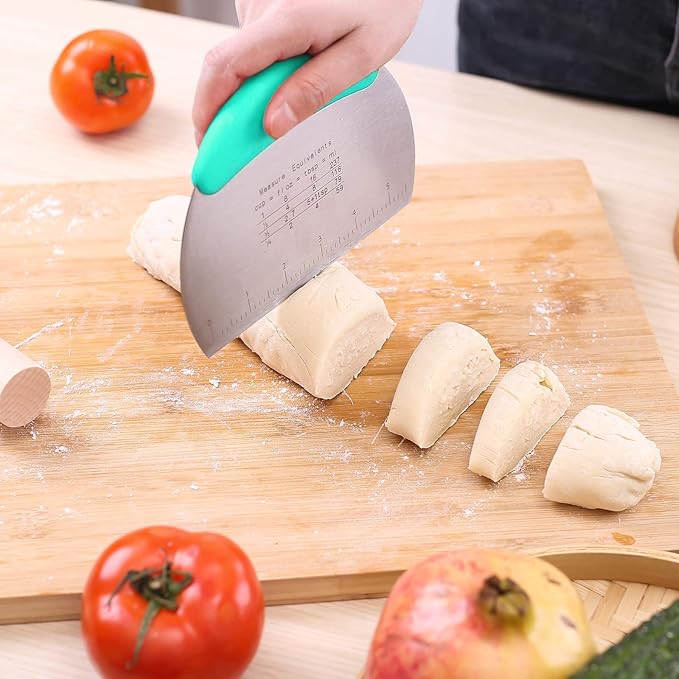1 pcs Dough Pastry Scraper Chopper/Stainless Steel Dough Scraper Cutter with Ergonomic Rubber Non-Slip Grip/Dough Scraper Cutter/Pro Pastry Pizza Cutter Chopper (Blue-green) - Image 6