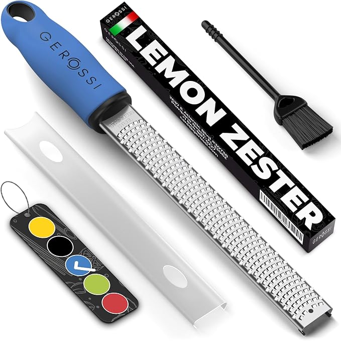 Stainless Steel Cheese Grater & Lemon Zester w/Extra Sharp Blade - Perfect for Lemon, Parmesan, Garlic, Chocolate - Spice Up any Dish in Seconds w/Your Premium Citrus Hand Grater with Handle - Blue by GEROSSI