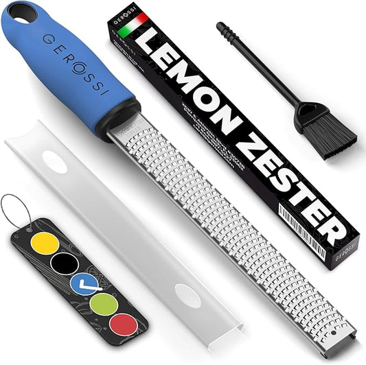Stainless Steel Cheese Grater & Lemon Zester w/Extra Sharp Blade - Perfect for Lemon, Parmesan, Garlic, Chocolate - Spice Up any Dish in Seconds w/Your Premium Citrus Hand Grater with Handle - Blue by GEROSSI
