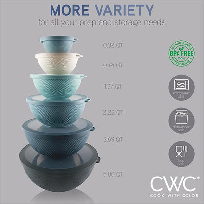 COOK WITH COLOR Mixing Bowls with Lids - 12 Piece Plastic Nesting Bowls Set includes 6 Prep Bowls and 6 Lids, Microwave Safe Mixing Bowl Set, Blue Rhombus - Image 2