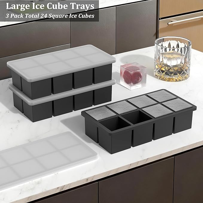 Bangp Silicone Ice Cube Trays with Metal Reinforced Frame(3 Pack),Large Ice Cube Tray with Lid,Easy Release Whiskey Ice Cubes Mold,Ice Trays for Freezer,Stackable Ice Cube Tray(Black) - Image 2